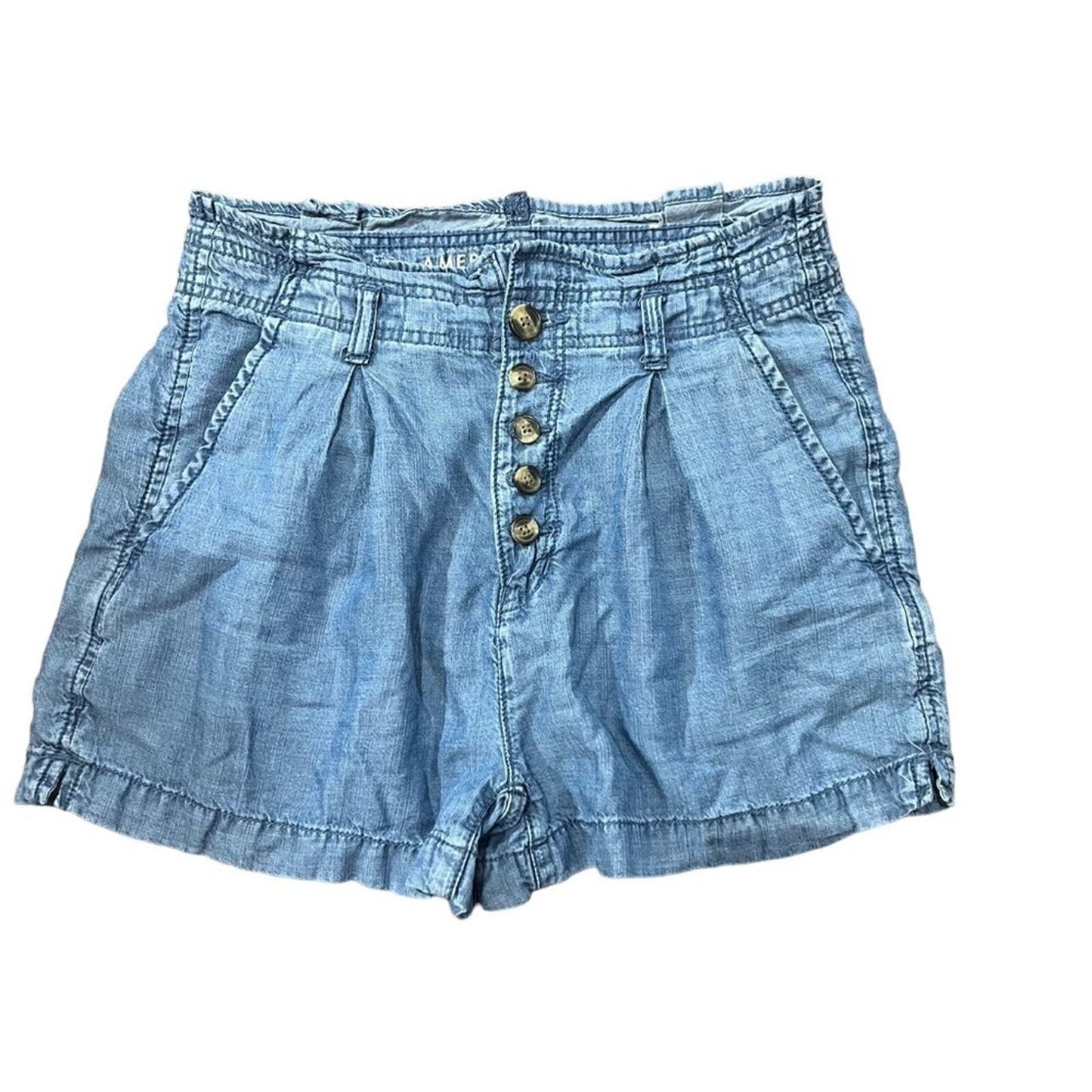 American Eagle Women's Chambray Pleated Paperbag Button Fly Denim Shorts Size 6
