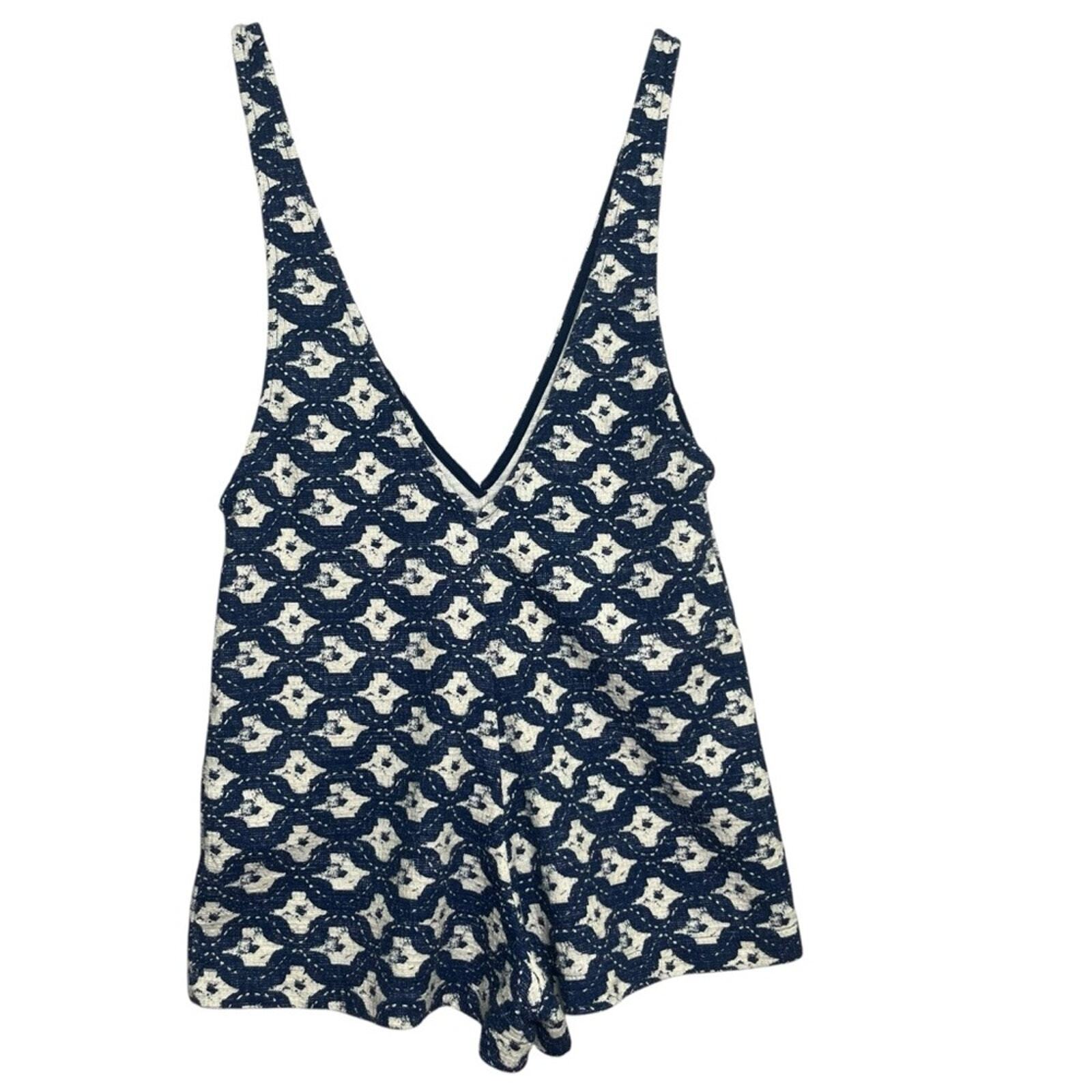 ZARA Trafaluc Size Small 1 Piece Blue White Sleeveless Deep V Neck Romper