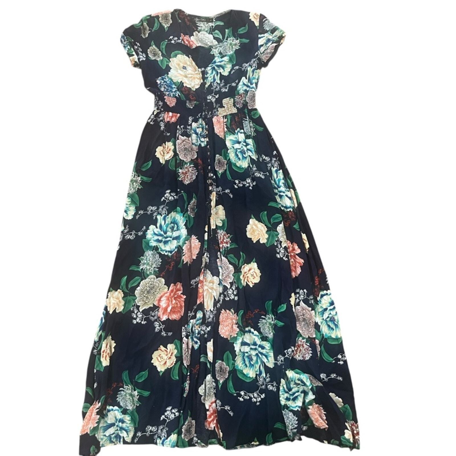 Floral Maxi Womens Size Small V Neck Short Sleeve Smock Waist Button Down Split