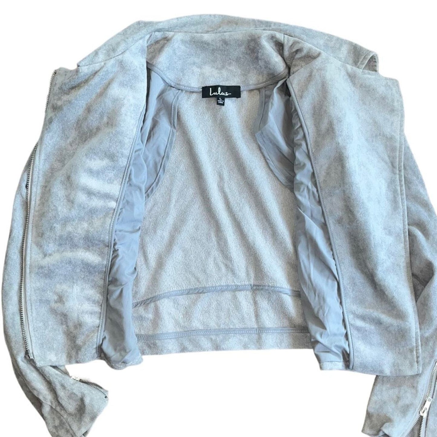 Lulus Womens Large Gray Faux Suede Zip Moto Jacket