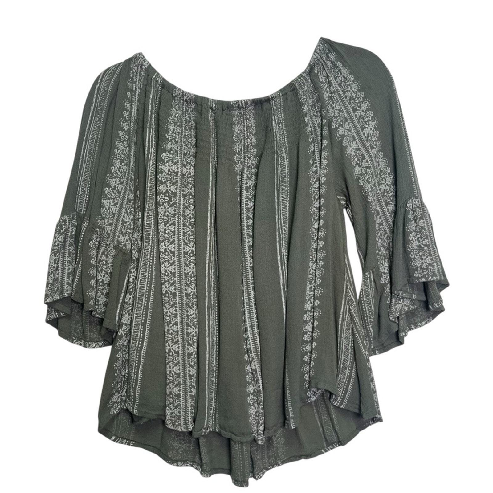 Altar'd State Womens Size Small Green Cream Off The Shoulder Bell Sleeve Top