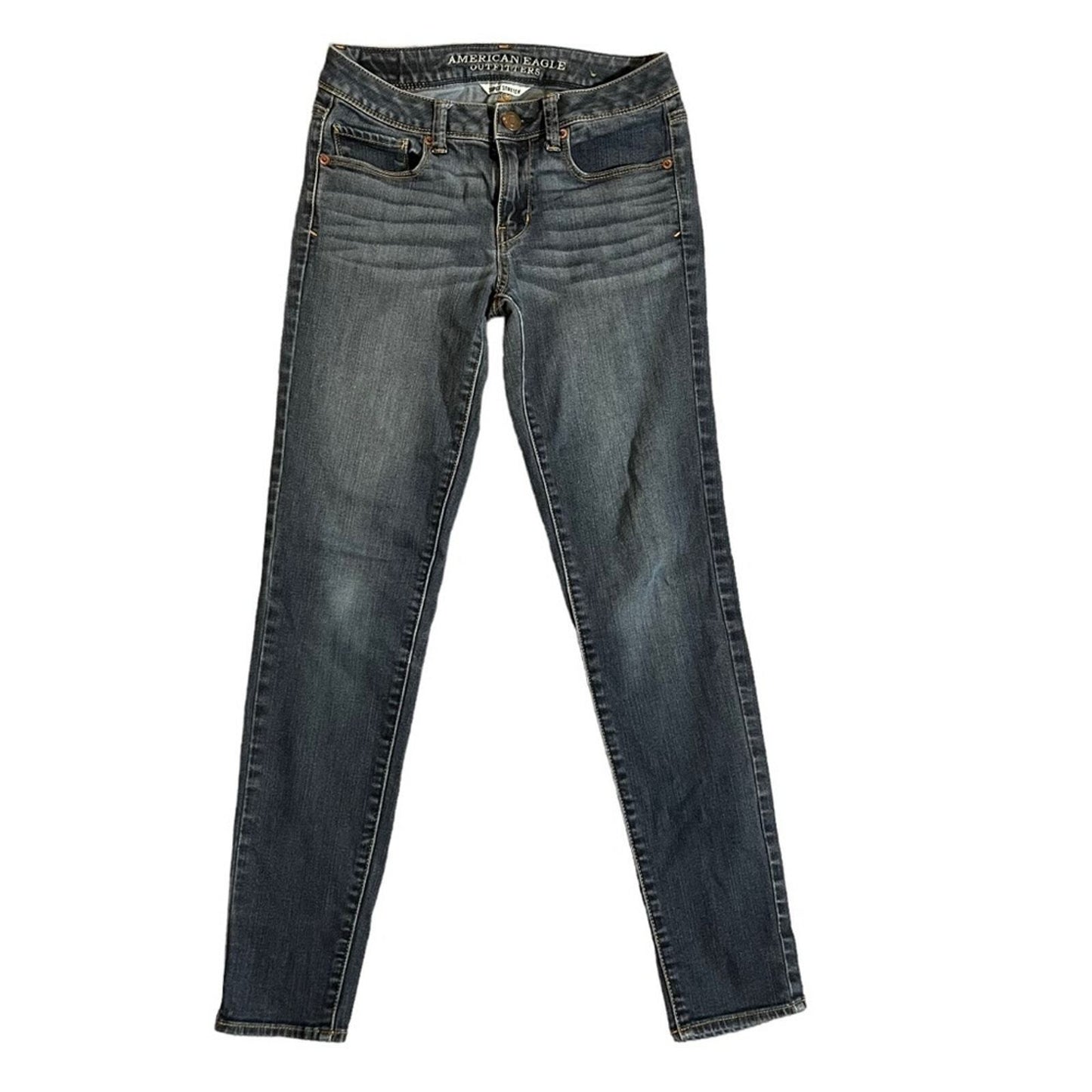 American Eagle Womens Mid Rise Super Skinny 4 Long Jeans Whiskered Front 