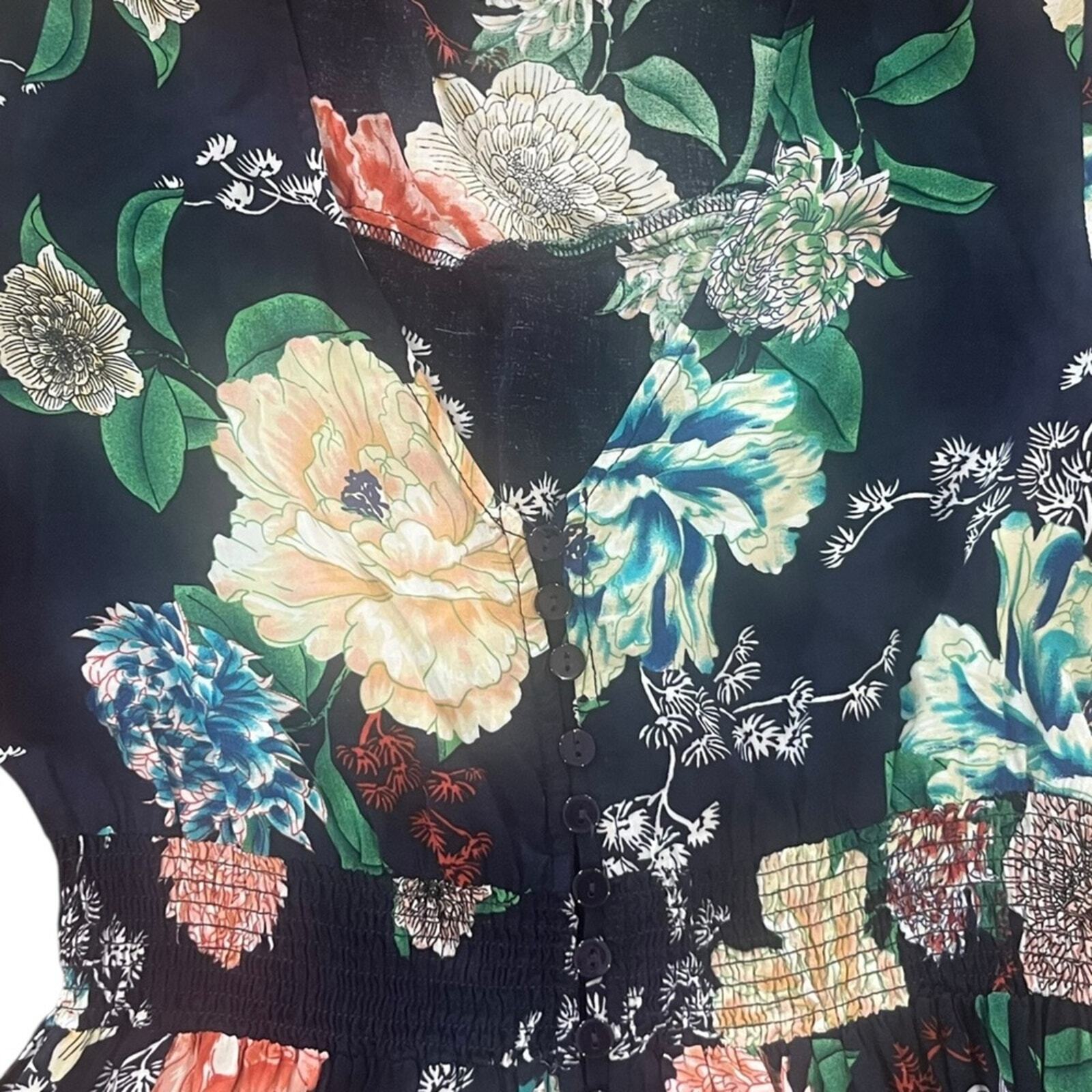 Floral Maxi Womens Size Small V Neck Short Sleeve Smock Waist Button Down Split