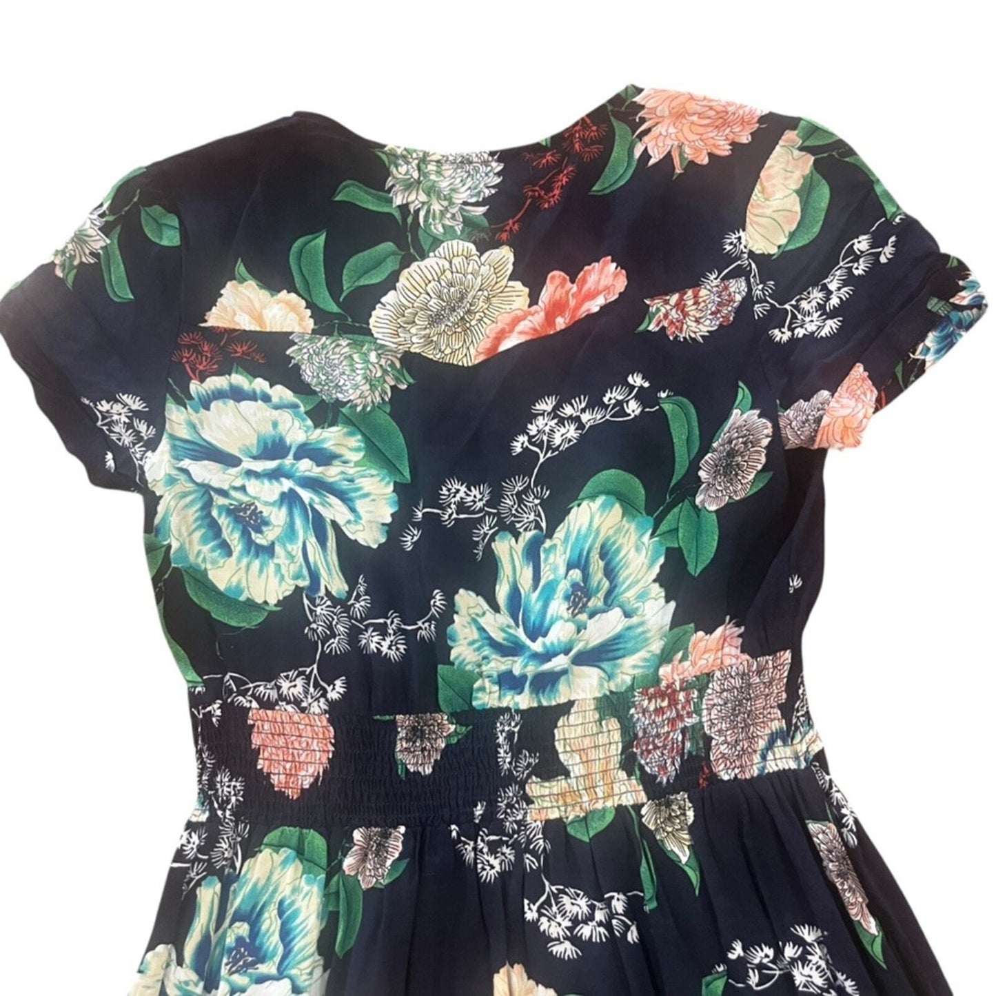 Floral Maxi Womens Size Small V Neck Short Sleeve Smock Waist Button Down Split