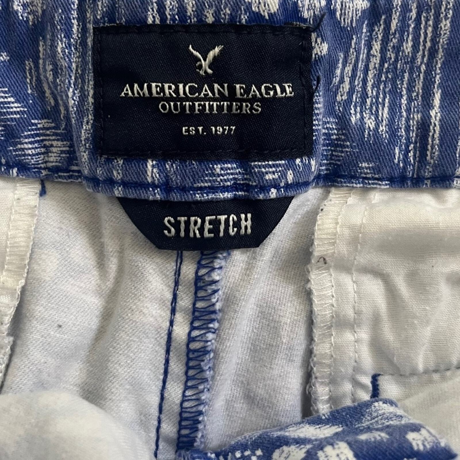American Eagle Womens Size 6 Midi Stretch Blue White Aztec Flat Front Shorts