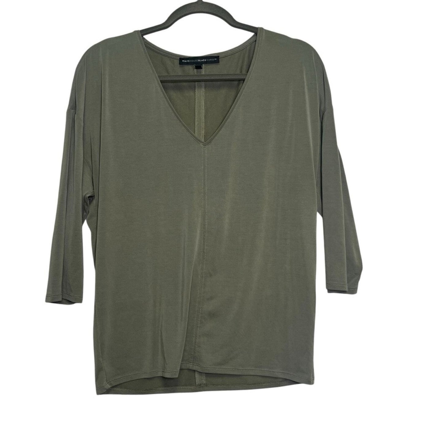 White House Black Market Womens  Small Plain Olive Green 3/4 Sleeve V Neck Top