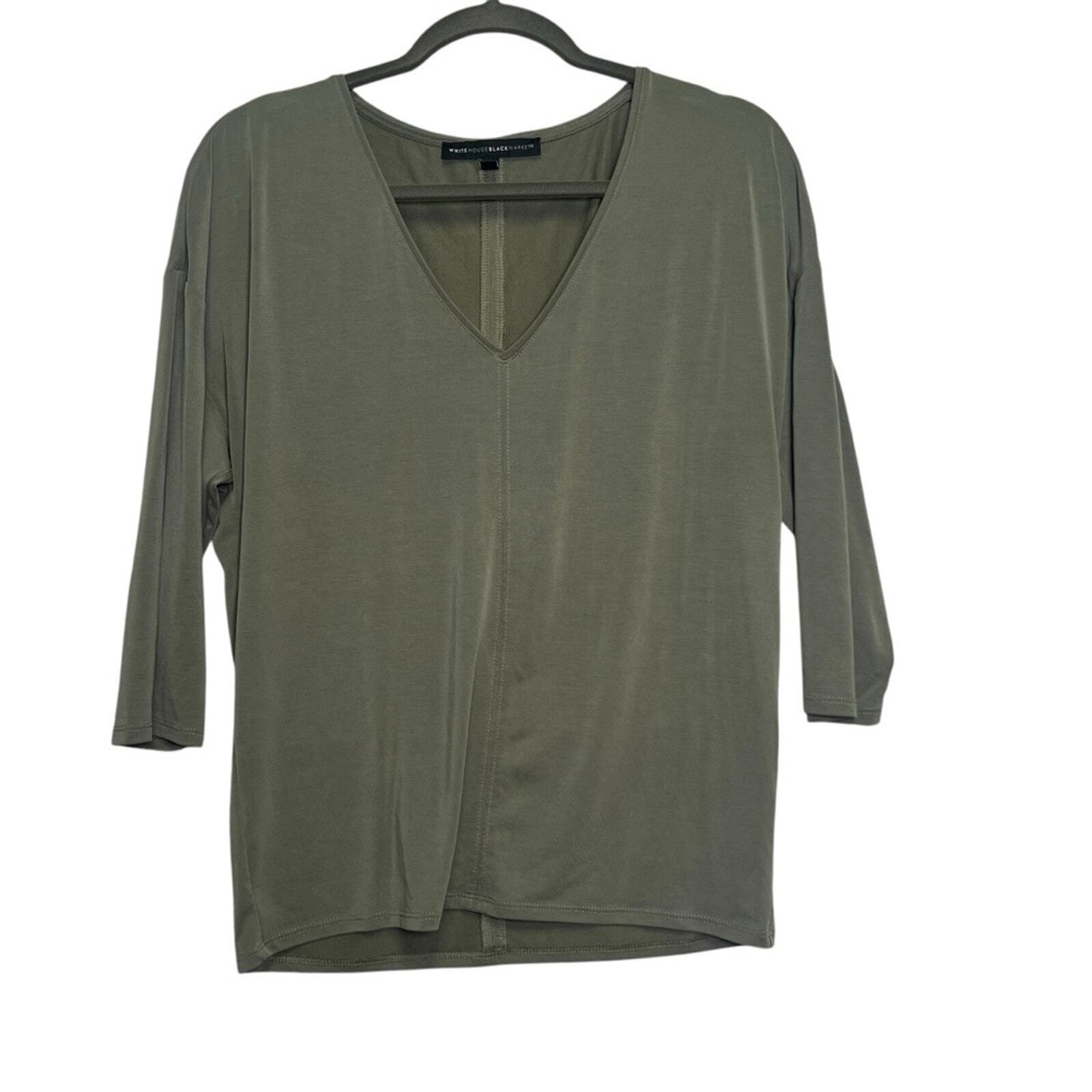 White House Black Market Womens  Small Plain Olive Green 3/4 Sleeve V Neck Top