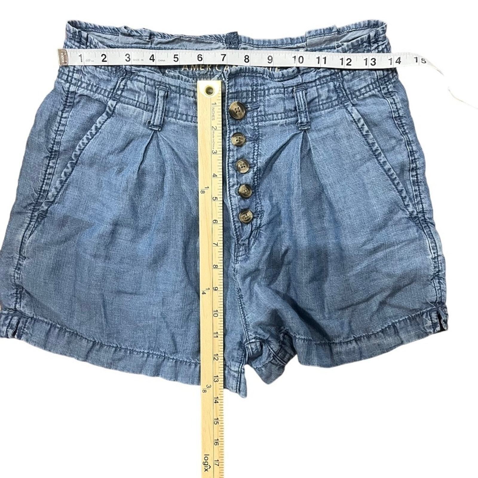 American Eagle Women's Chambray Pleated Paperbag Button Fly Denim Shorts Size 6
