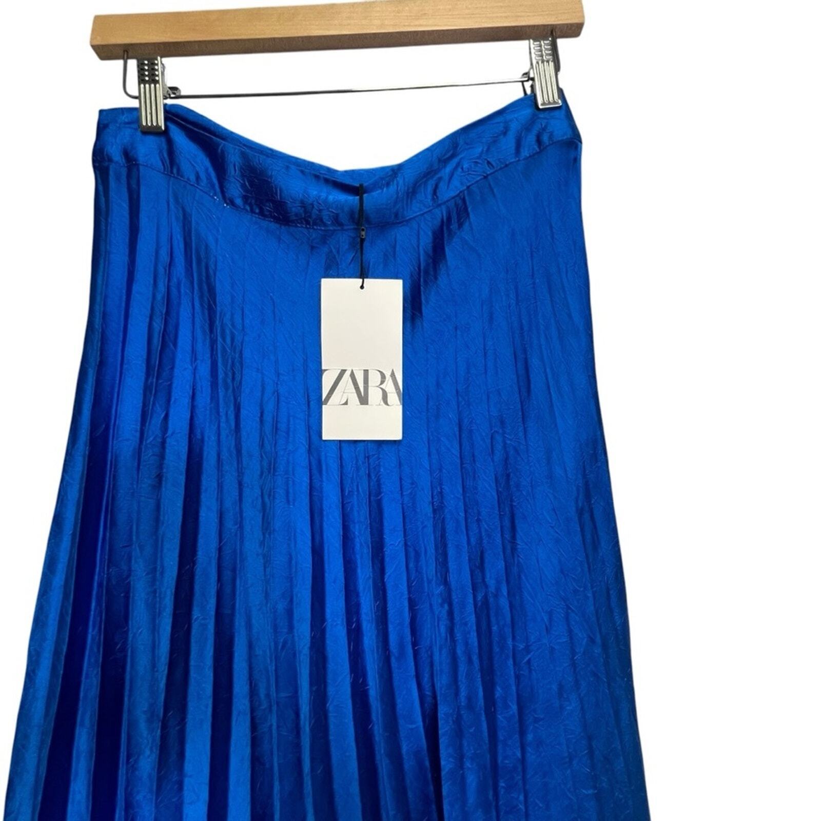 ZARA Womens Blue Shiny Pleated Satin Midi Skirt Size Medium NWT