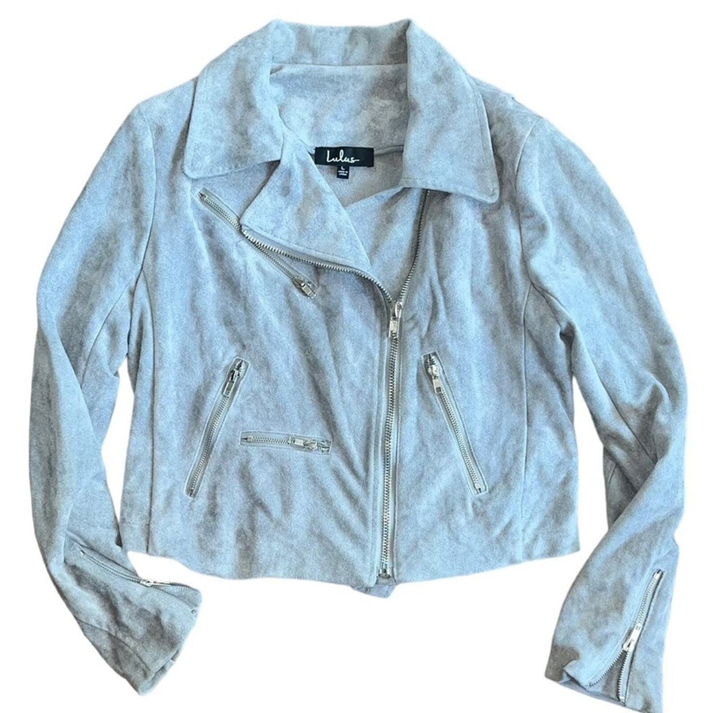 Lulus Womens Large Gray Faux Suede Zip Moto Jacket