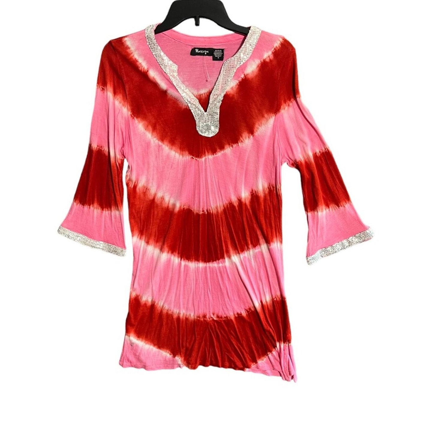 Raviya Womens Small Red Pink Tie Dyed Sequin Neck Lower Sleeve Swim Coverup NWT