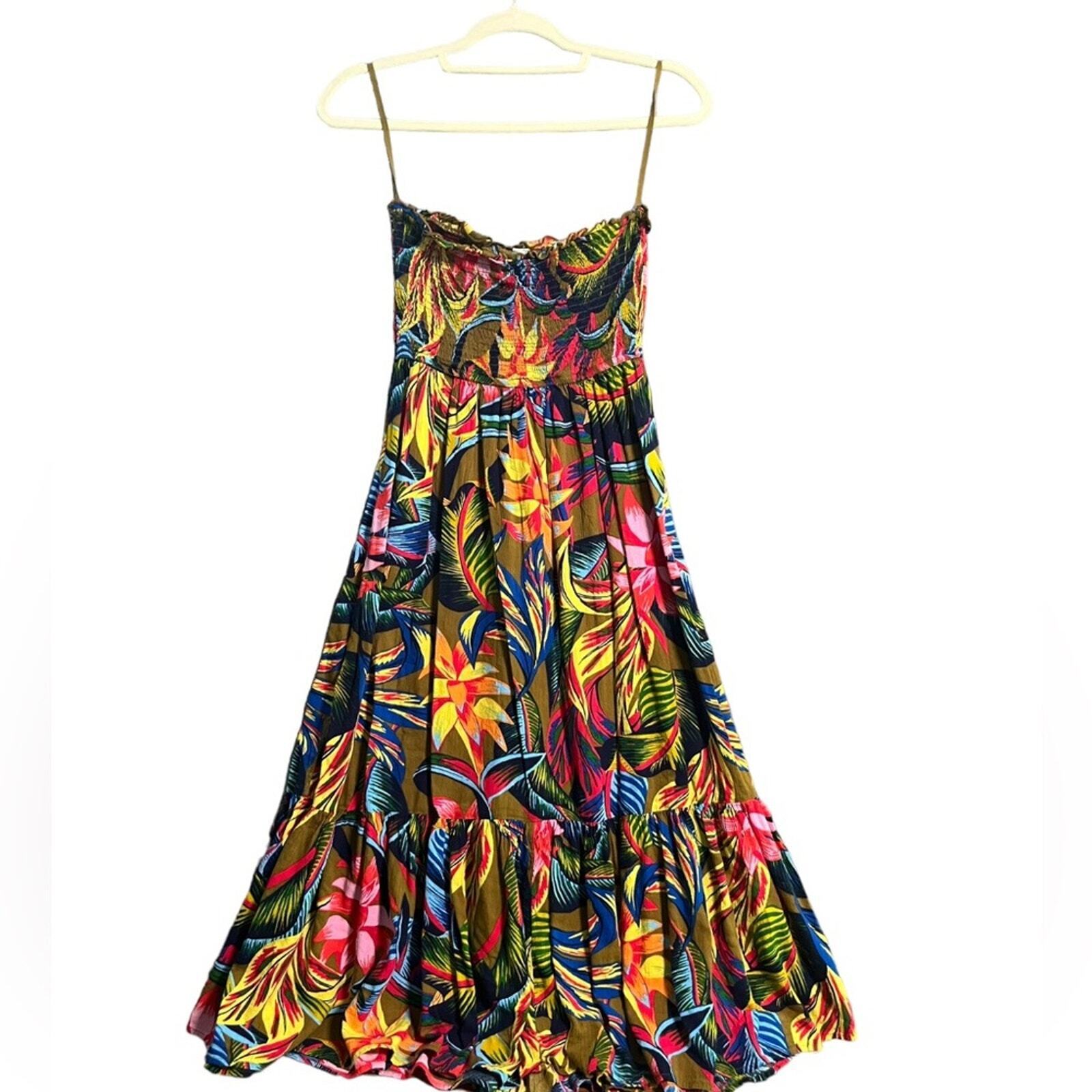 Aerie Womens Sun Dress XS Floral Smocked Bodice Strapless Ruffle Flare Bottom