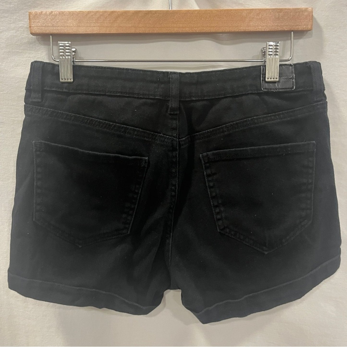Dollhouse Black Denim Shorts Juniors Size 5/6 Roll Up Buttonfly Stretch Distress