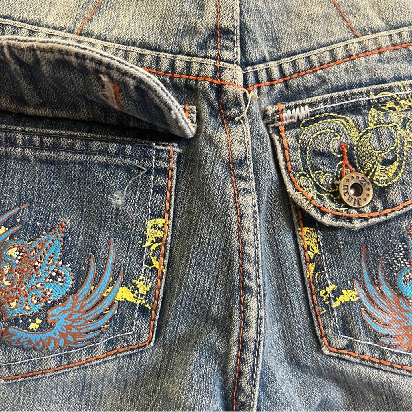 Jinzu Denim Kid Denim Jeans Size 5 Cotton Back Flap Pocket Design Missing Button