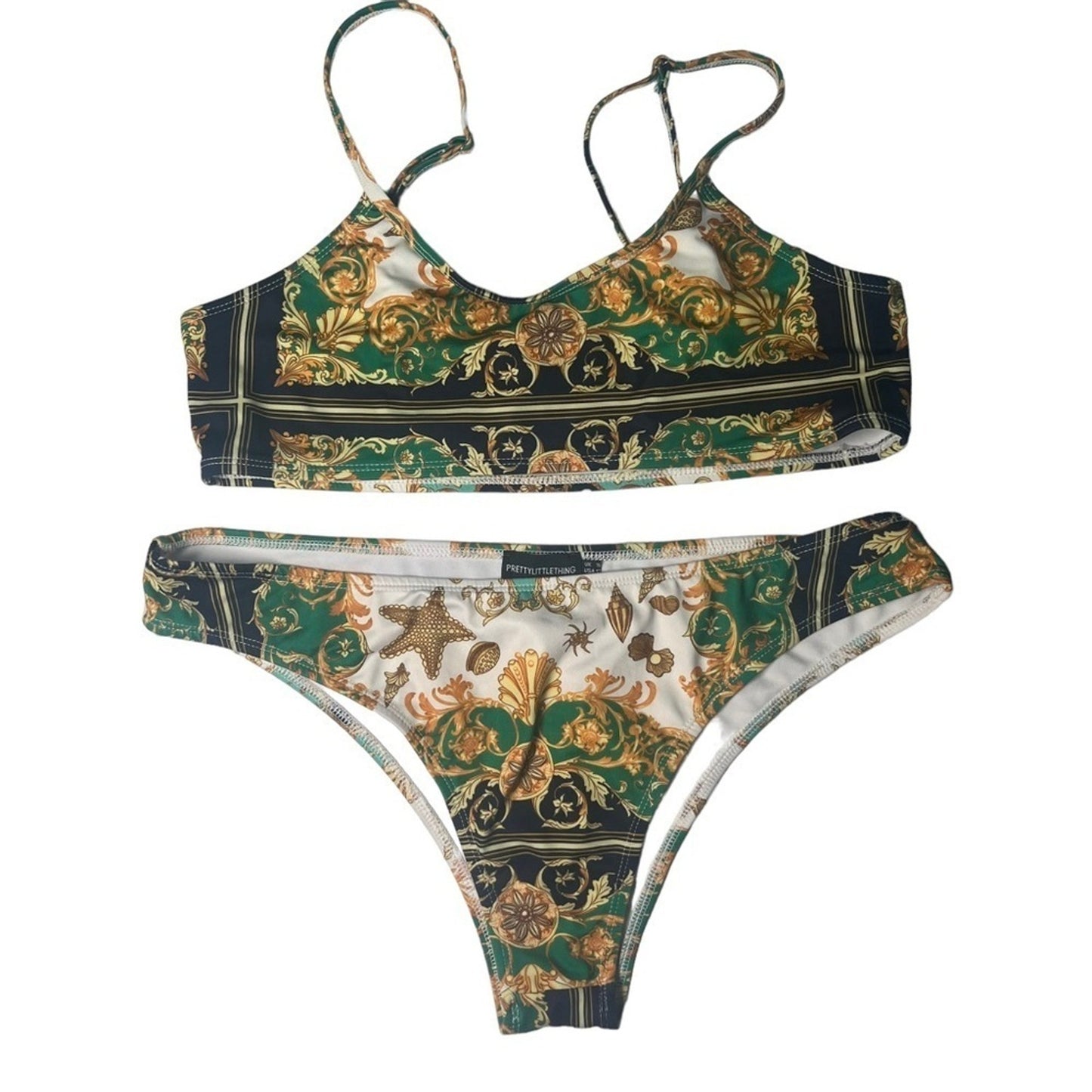 Pretty Little Thing Green Shell Chain Print Scoop Neck Bikini MISMATCH SIZES