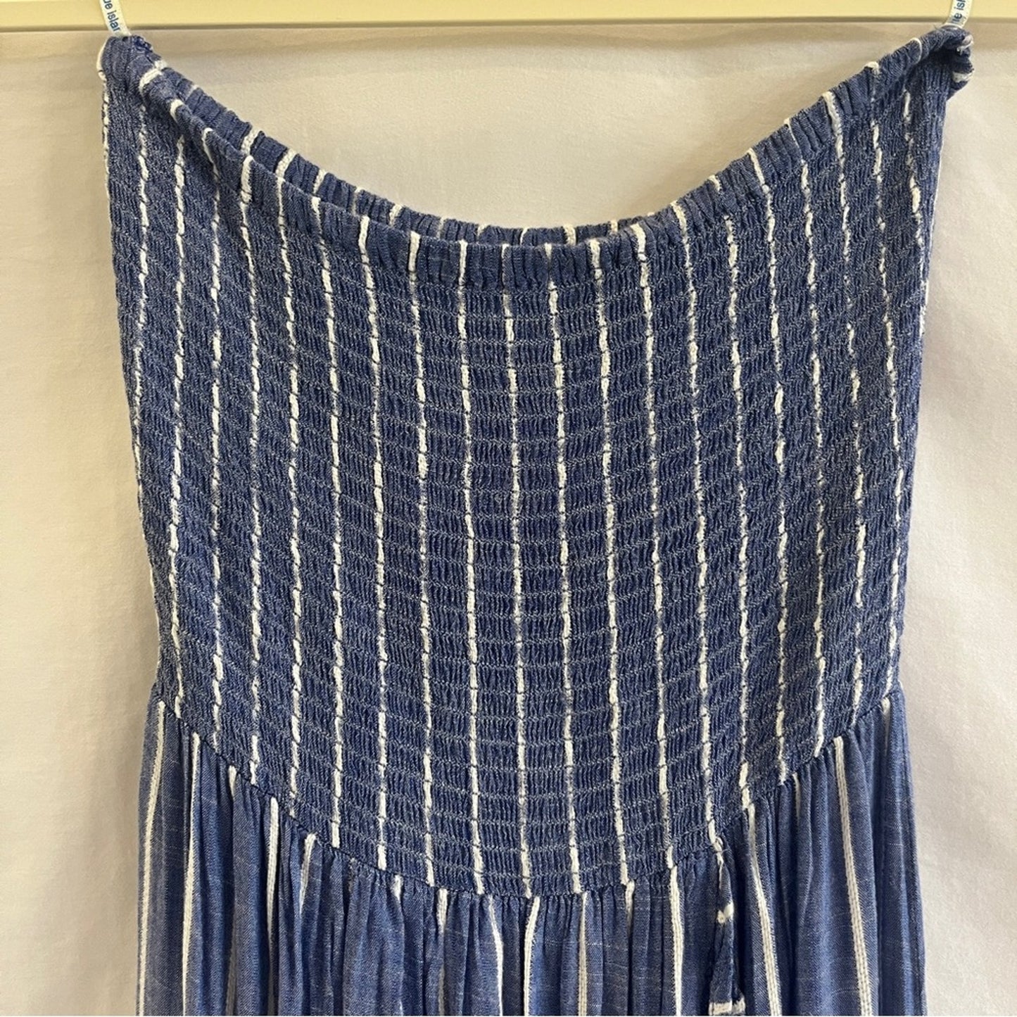 Blue Island Strapless Smocked Dress Medium Blue White Stripes Ruffle Beachy Boho