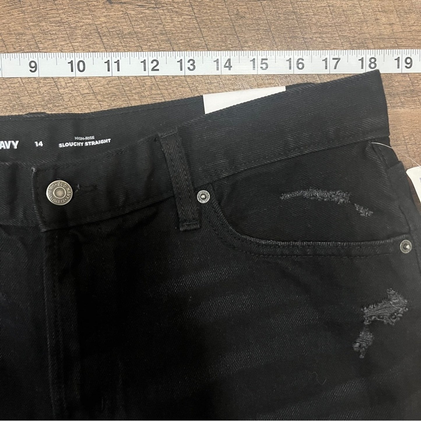 Old Navy Black Denim Jeans Womens Size 14 Slouchy Straight High Rise New Raw Hem