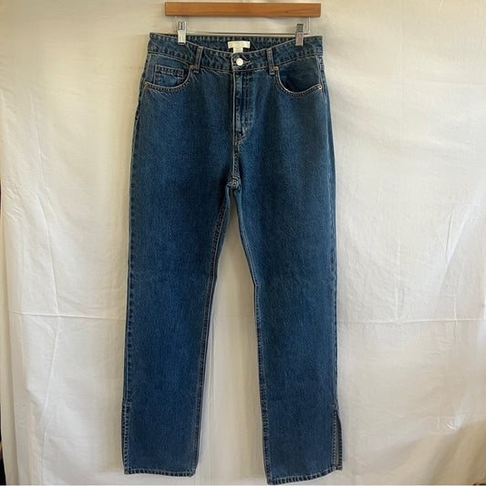 H&M Straight Denim Jeans Women Size 10 Medium Wash Ankle Slit Urban Edgy Modern