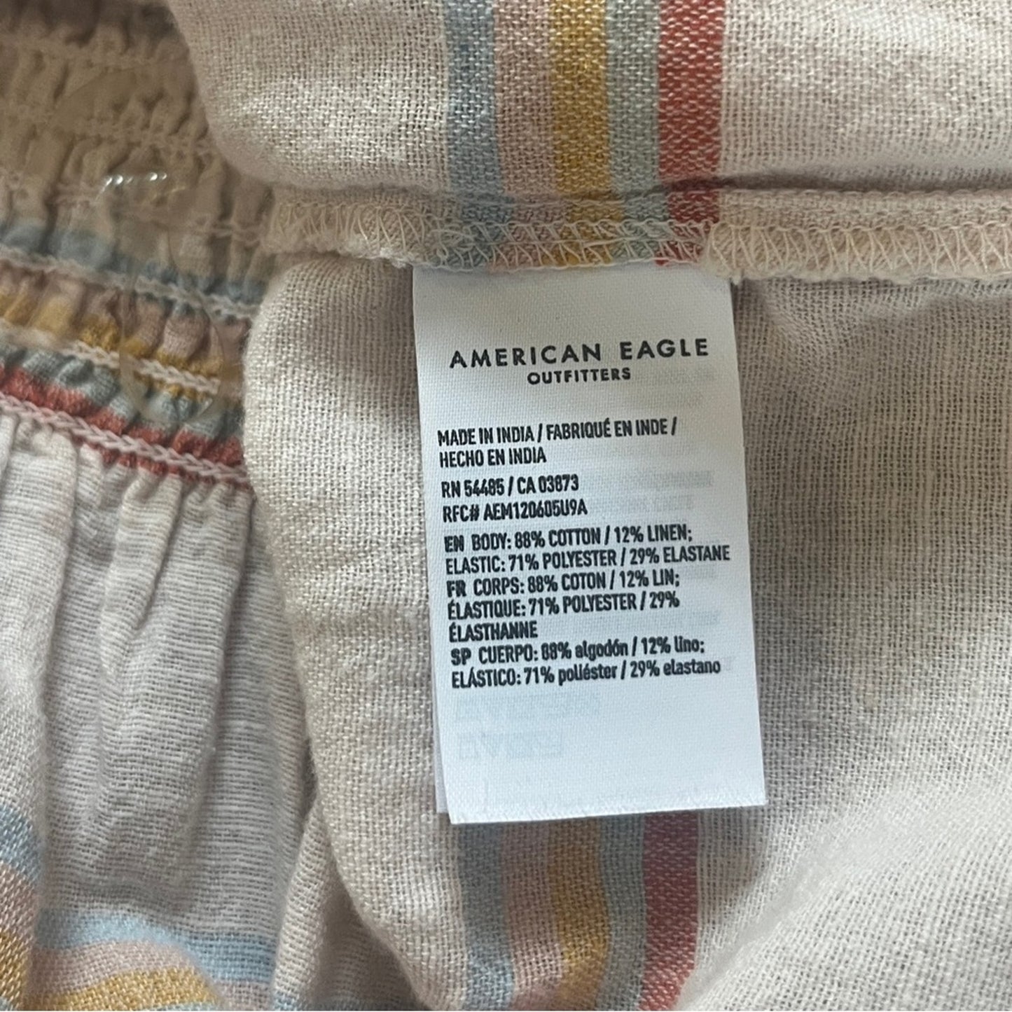 American Eagle Cropped Smocked Top Medium Rainbow Peasant Linen Blend Ruffle