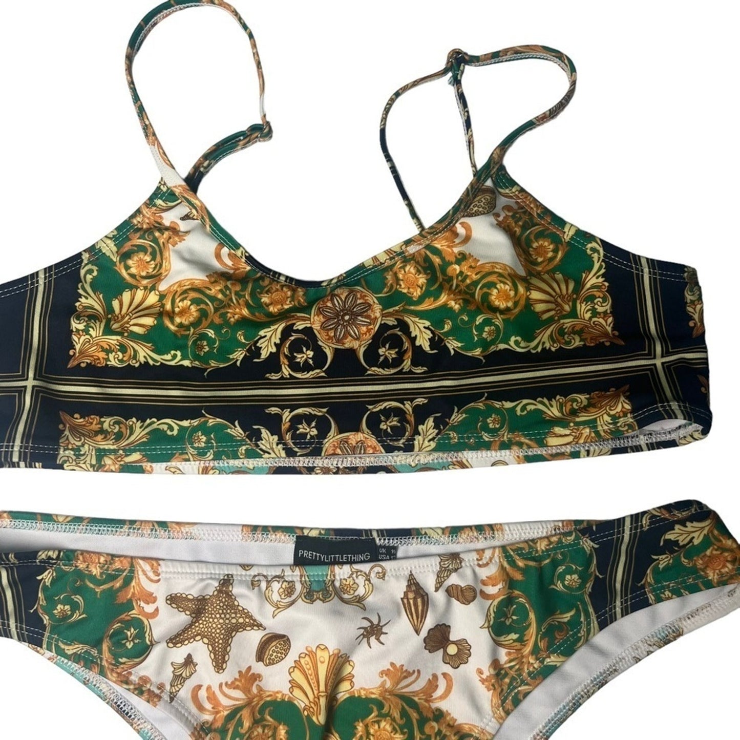 Pretty Little Thing Green Shell Chain Print Scoop Neck Bikini MISMATCH SIZES