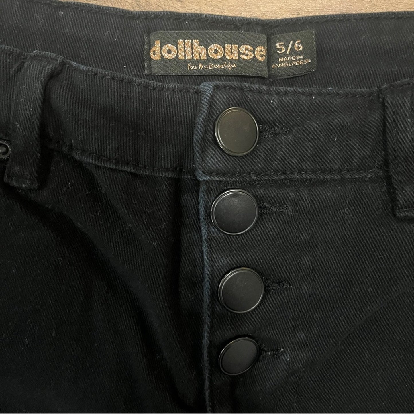 Dollhouse Black Denim Shorts Juniors Size 5/6 Roll Up Buttonfly Stretch Distress