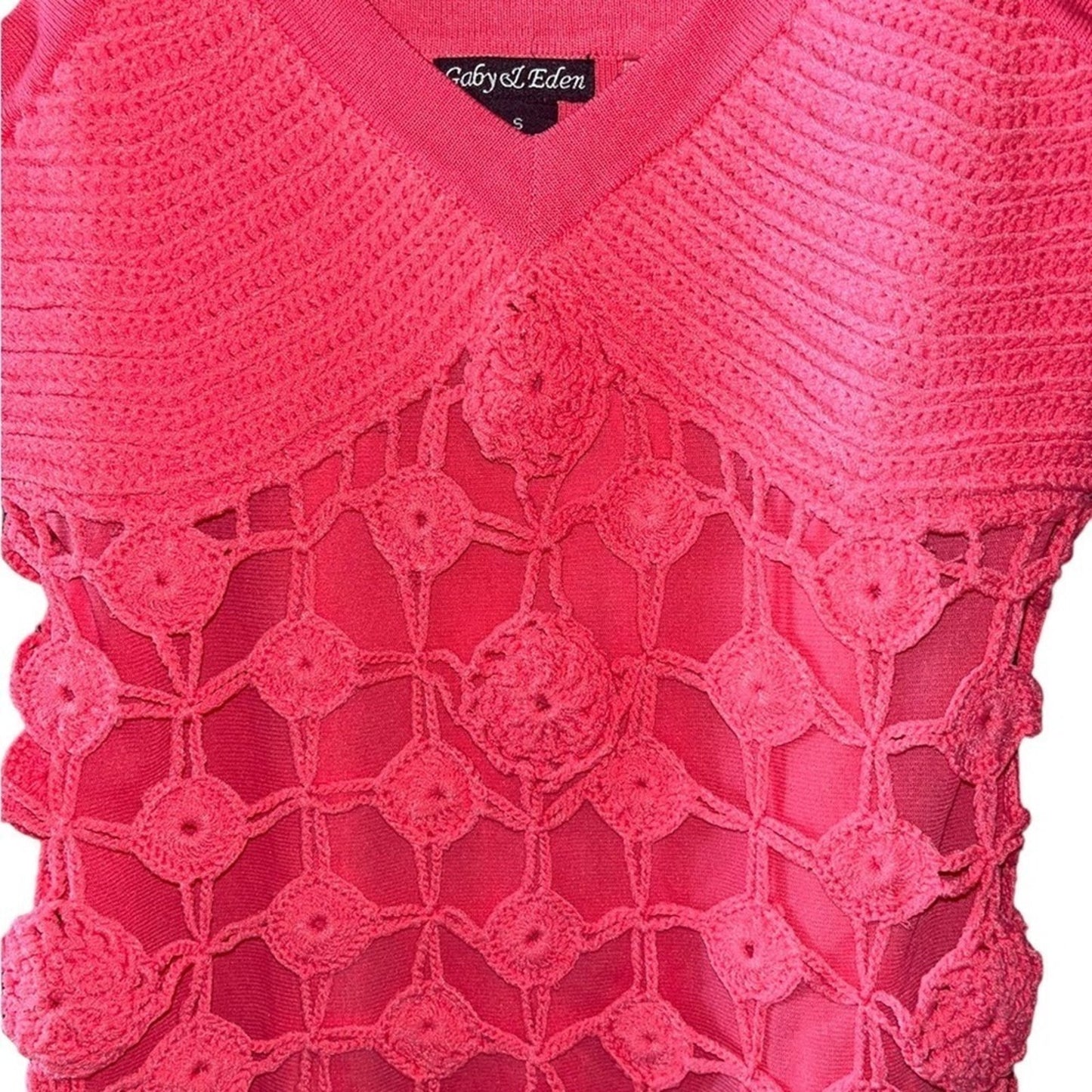 Gaby Eden Coral Tank Top Womens Small Crochet Knitted V Neck Pink Boho Hippie