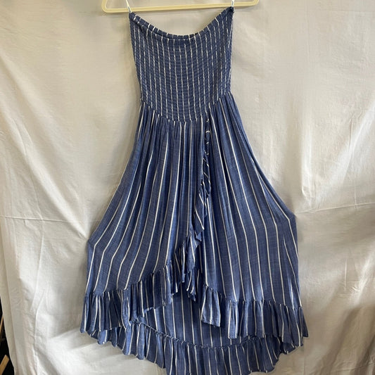 Blue Island Strapless Smocked Dress Medium Blue White Stripes Ruffle Beachy Boho