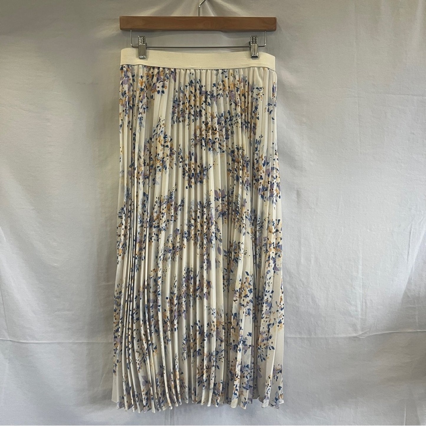 Vince Camuto Pleated Midi Skirt Womens Small Ivory Floral Elastic Waist Lined