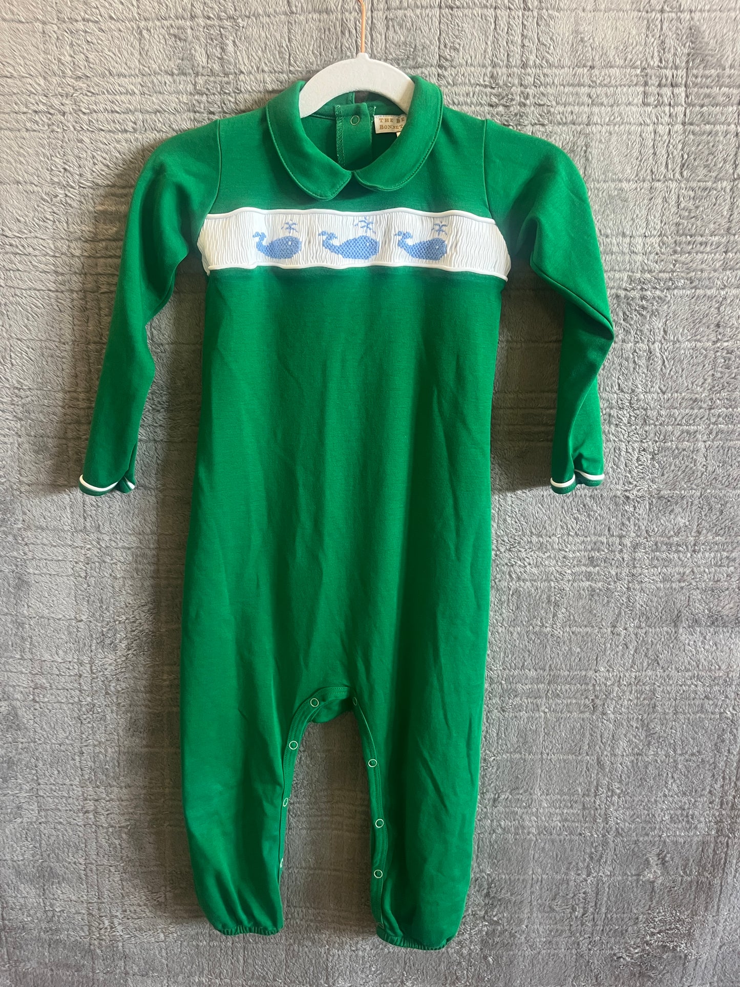 The Beaufort Bonnet Company Green Smocked Whale Long Sleeve Romper 3T