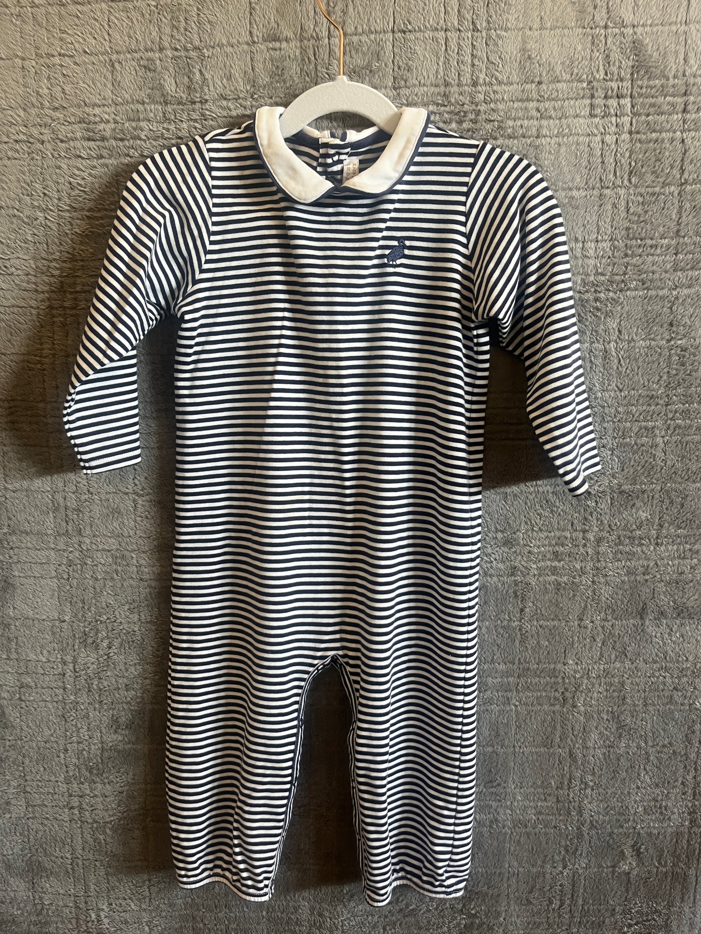 The Beaufort Bonnet Company Navy & White Striped Long Sleeve Romper | 3T