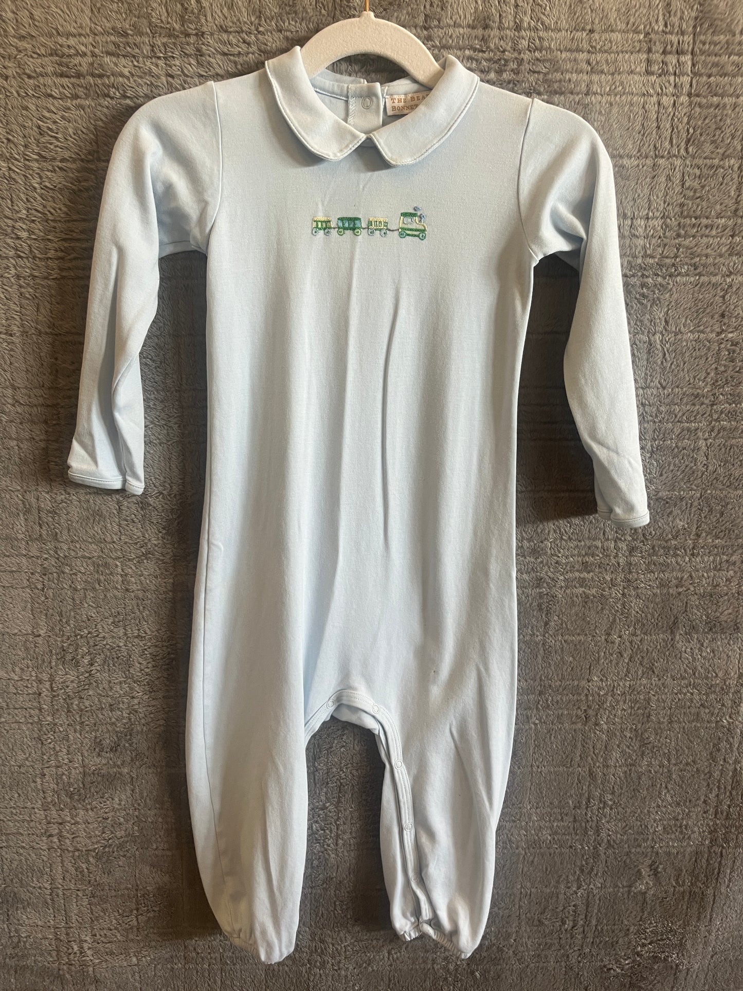 The Beaufort Bonnet Company Light Blue Train Embroidered Pima Cotton Romper | 3T