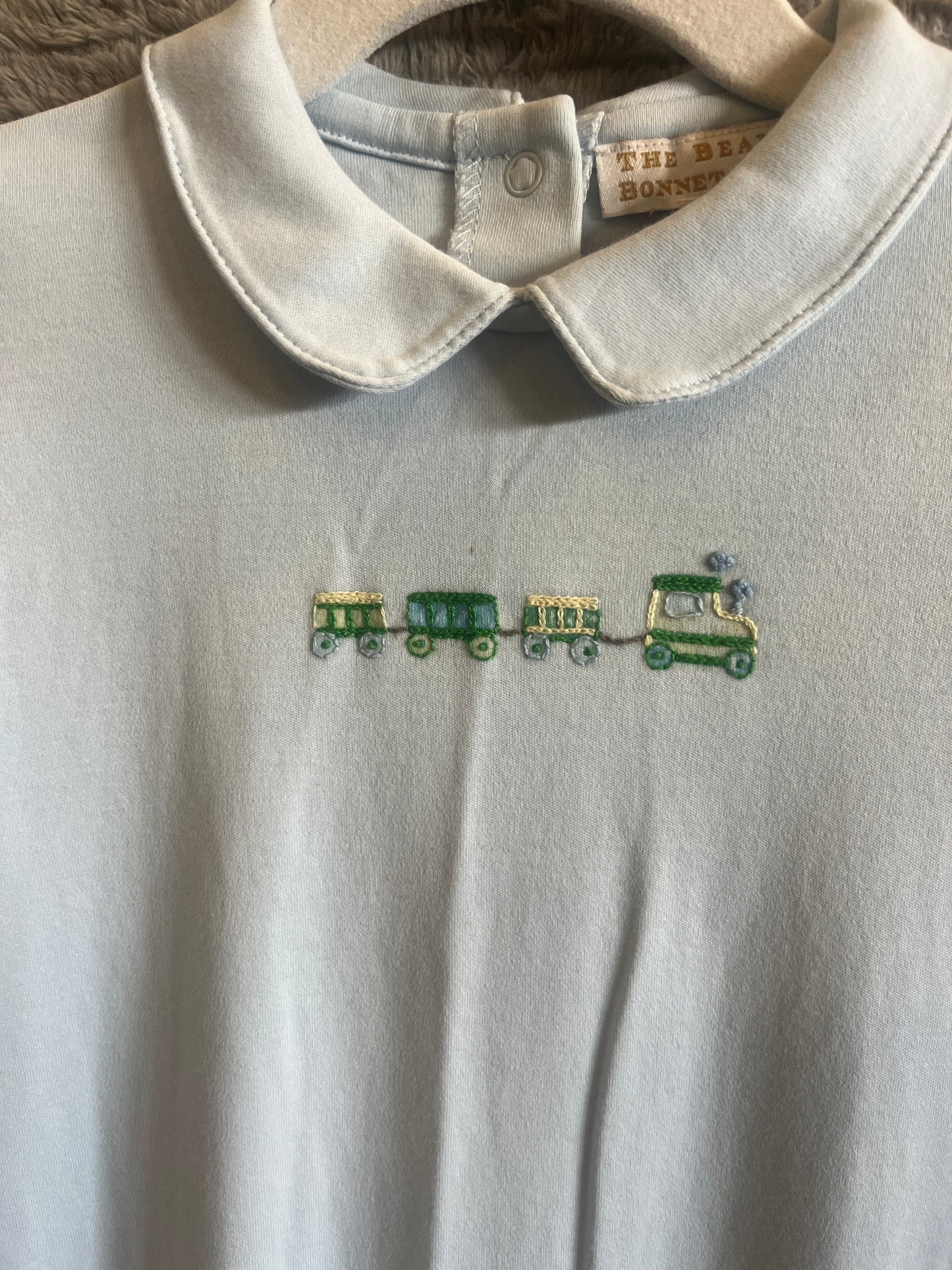The Beaufort Bonnet Company Light Blue Train Embroidered Pima Cotton Romper | 3T