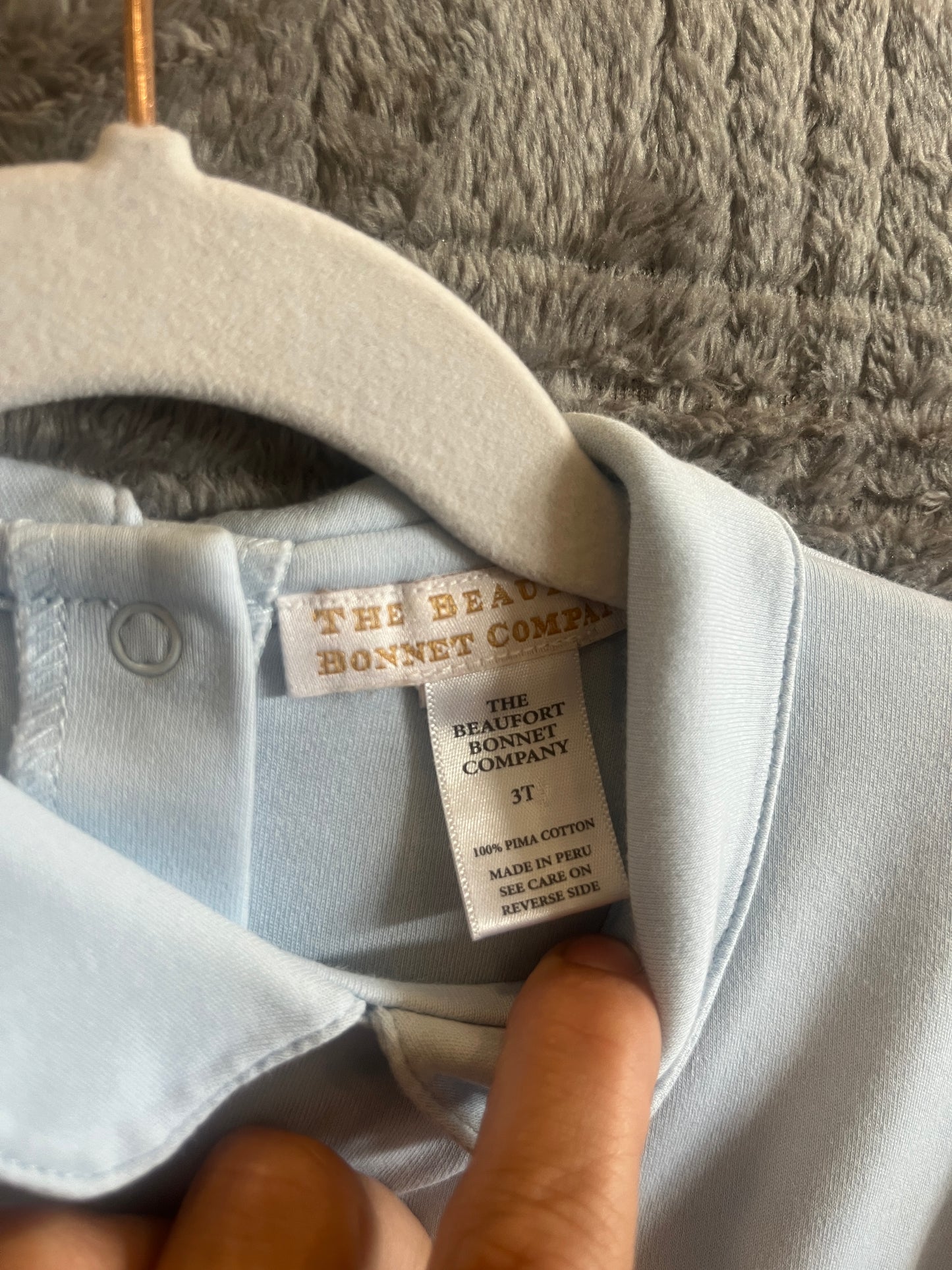 The Beaufort Bonnet Company Light Blue Train Embroidered Pima Cotton Romper | 3T