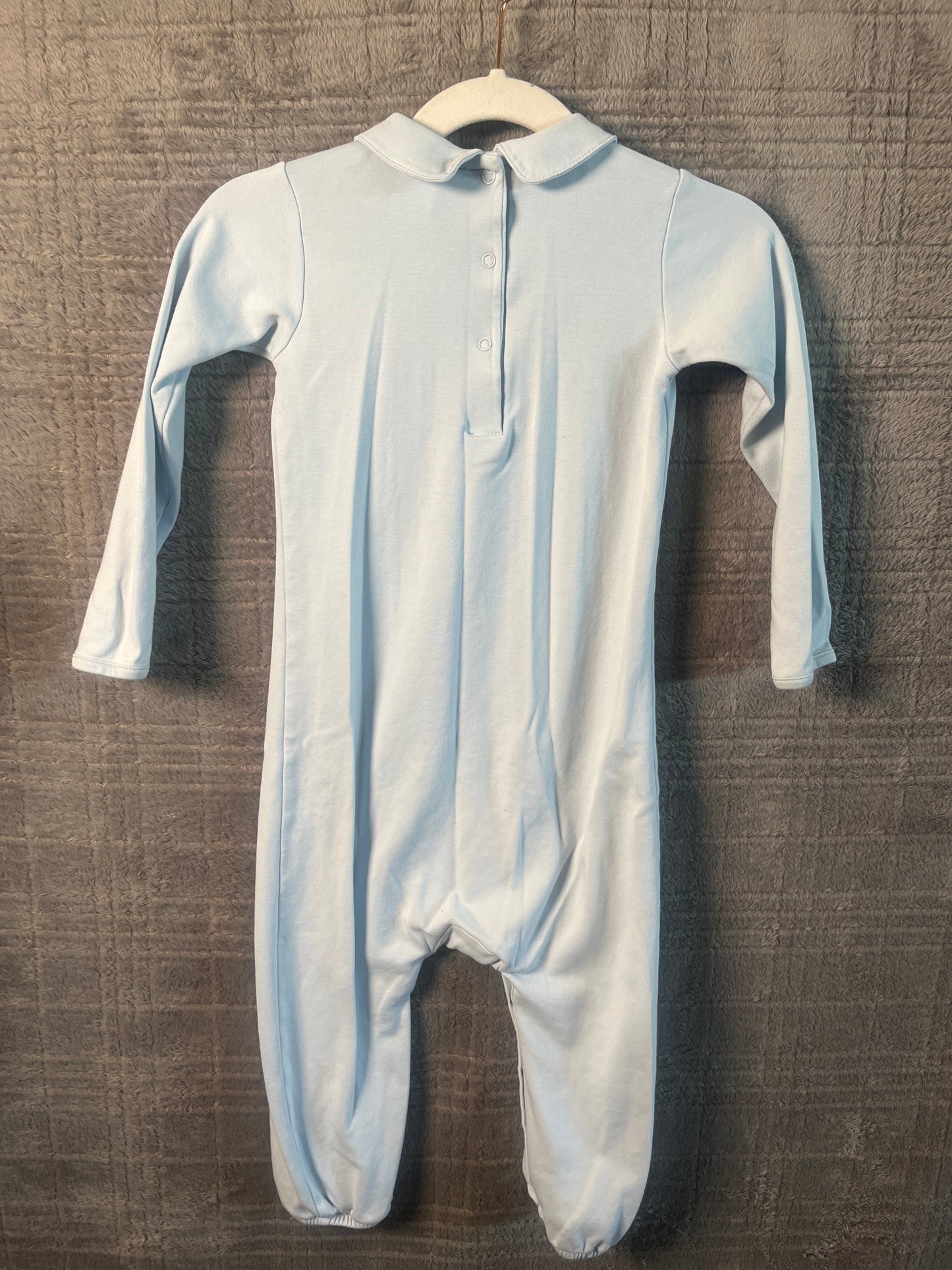 The Beaufort Bonnet Company Light Blue Train Embroidered Pima Cotton Romper | 3T