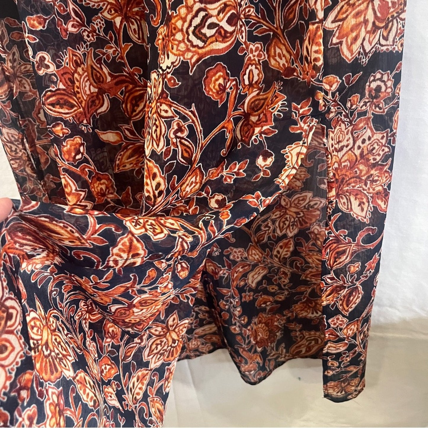 Womens Dress Size Small Navy Orange Long Neck Tie Sheer Bottom Upper Lining Work