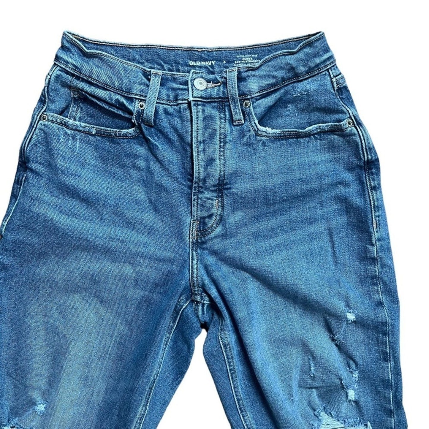 Old Navy Womens Extra High Rise Curvy Hi Straight Jeans Size 4 Distressed Button