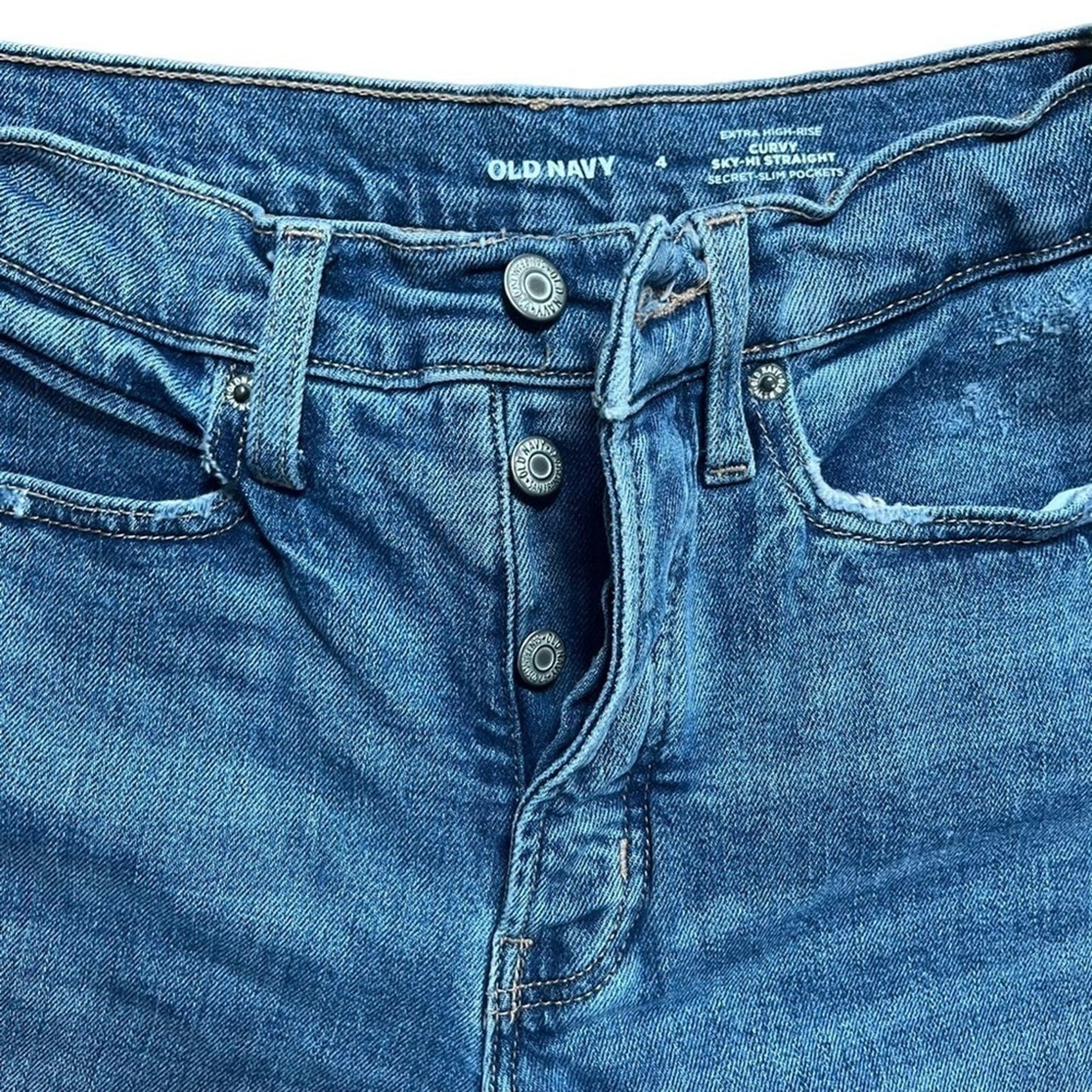 Old Navy Womens Extra High Rise Curvy Hi Straight Jeans Size 4 Distressed Button