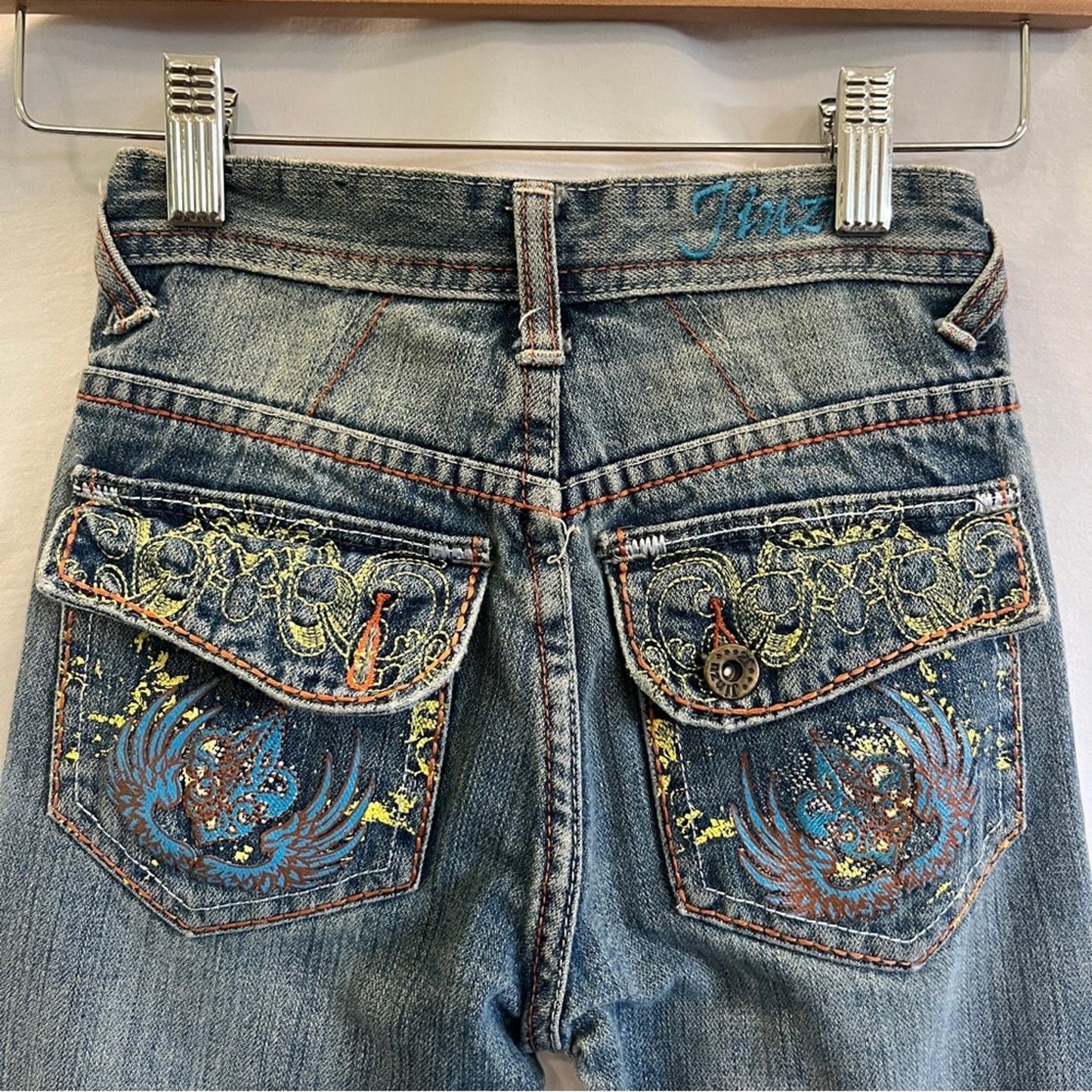 Jinzu Denim Kid Denim Jeans Size 5 Cotton Back Flap Pocket Design Missing Button