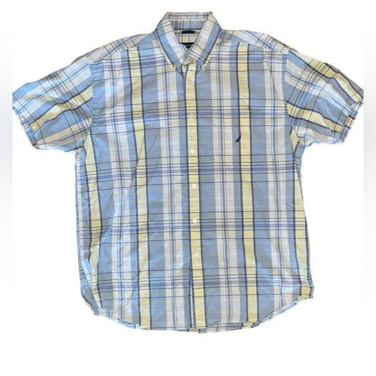 Nautica Mens Size XL Blue Yellow White Short Sleeve Button Down Shirt