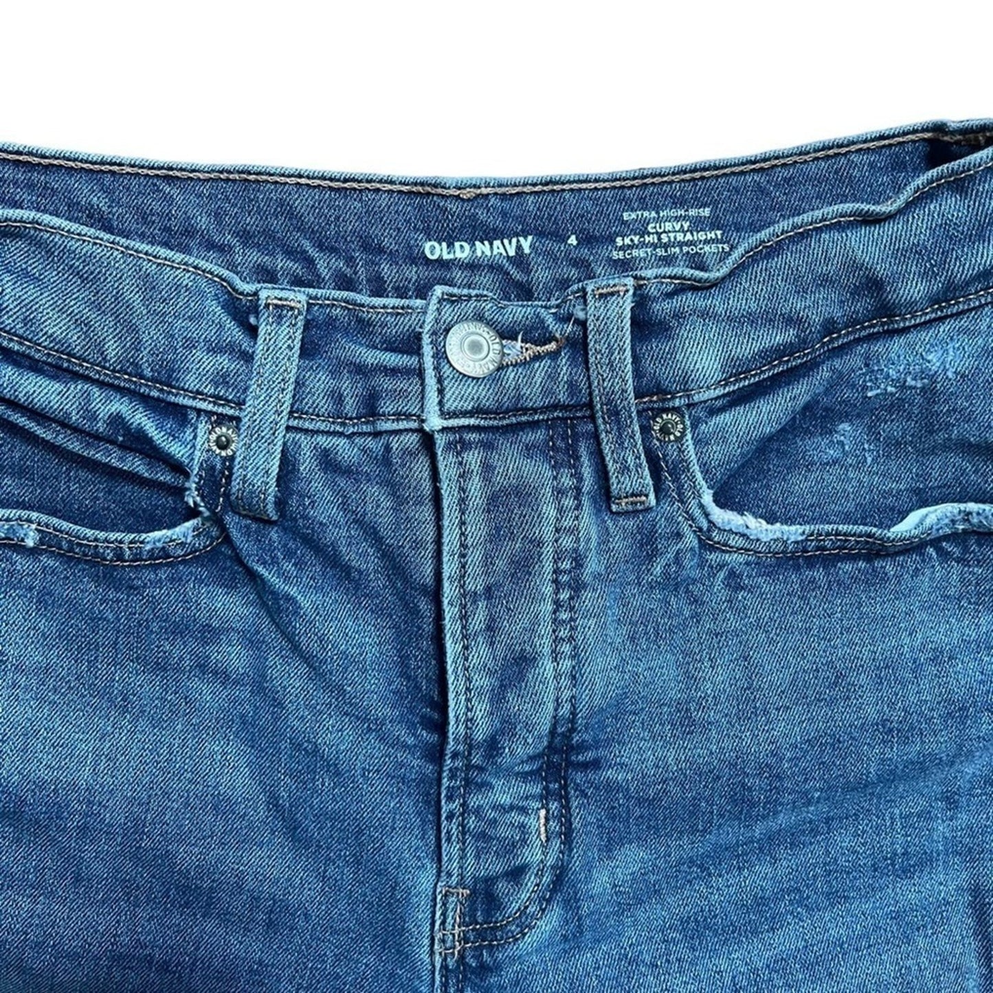 Old Navy Womens Extra High Rise Curvy Hi Straight Jeans Size 4 Distressed Button