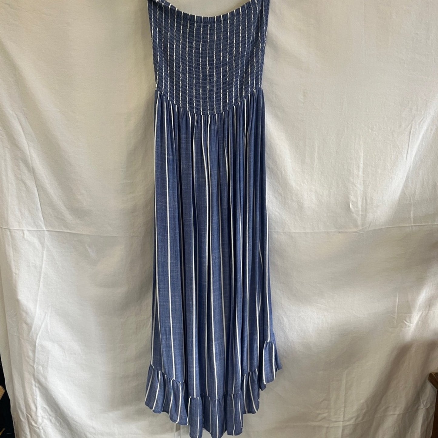 Blue Island Strapless Smocked Dress Medium Blue White Stripes Ruffle Beachy Boho