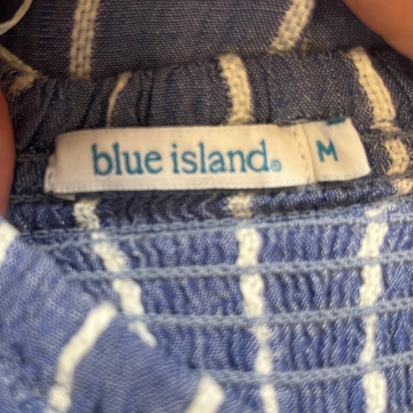 Blue Island Strapless Smocked Dress Medium Blue White Stripes Ruffle Beachy Boho