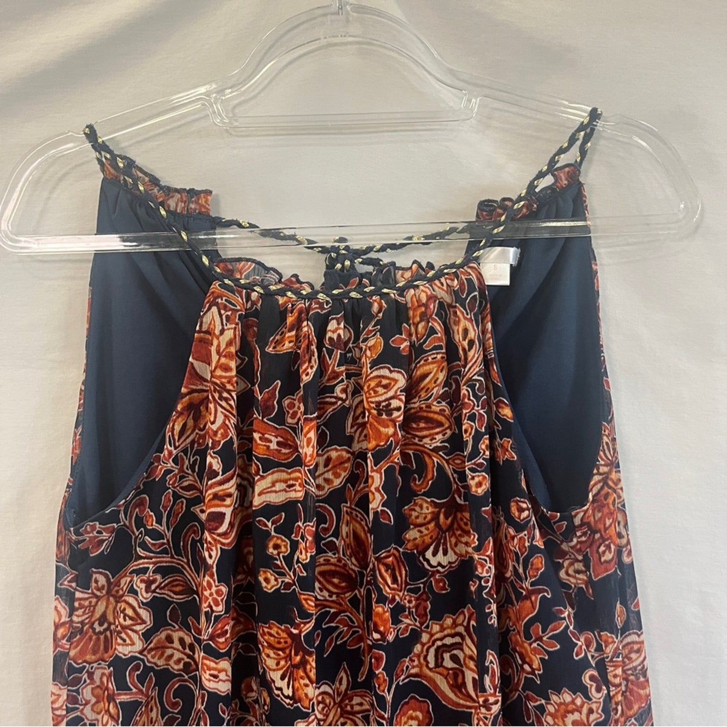 Womens Dress Size Small Navy Orange Long Neck Tie Sheer Bottom Upper Lining Work