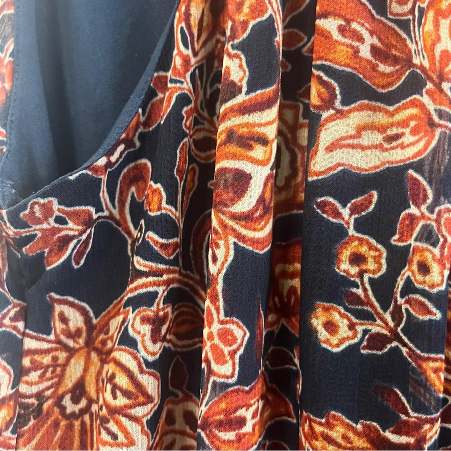Womens Dress Size Small Navy Orange Long Neck Tie Sheer Bottom Upper Lining Work