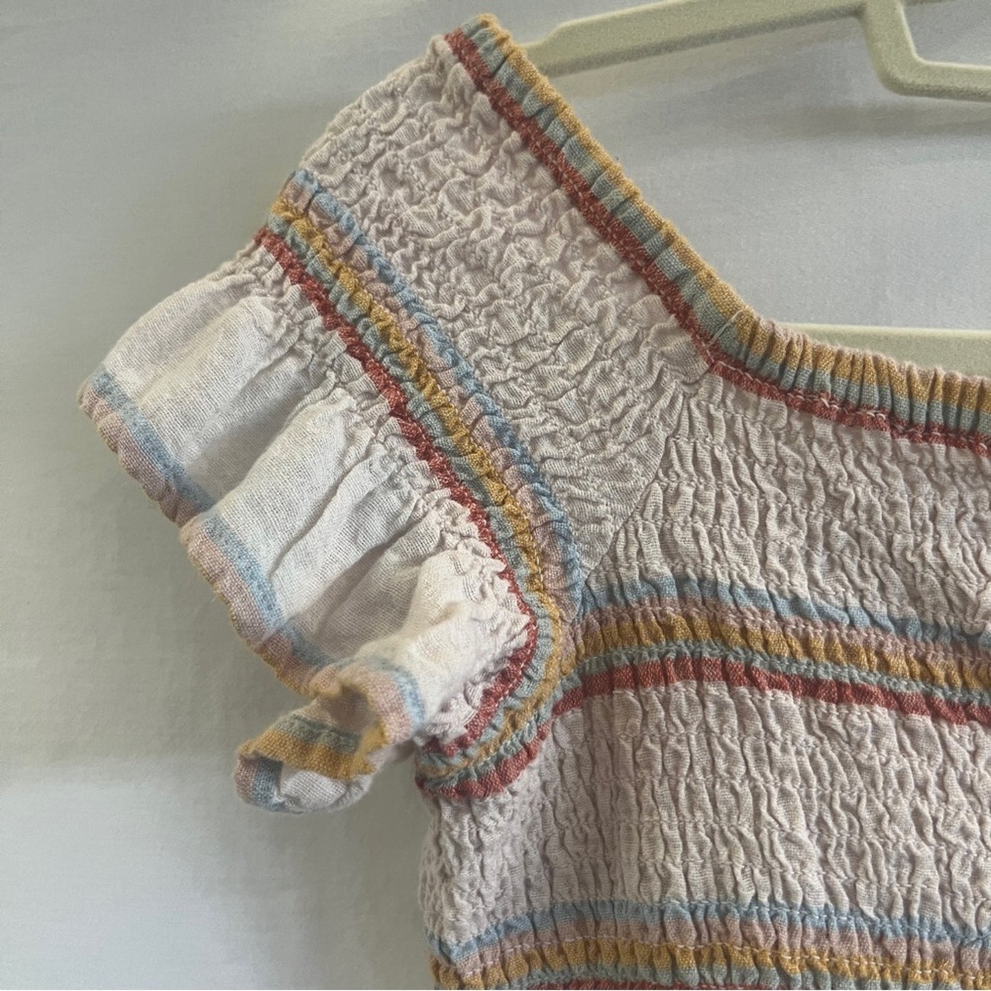 American Eagle Cropped Smocked Top Medium Rainbow Peasant Linen Blend Ruffle