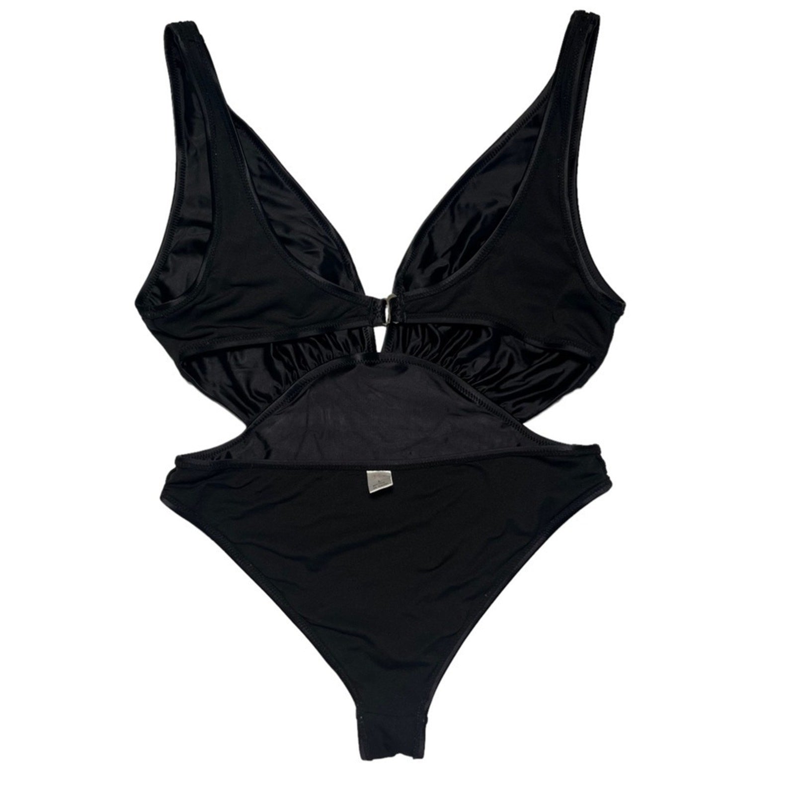 Womens Swimsuit One Piece Black Size Large Cutout Plunging Neck High Thigh