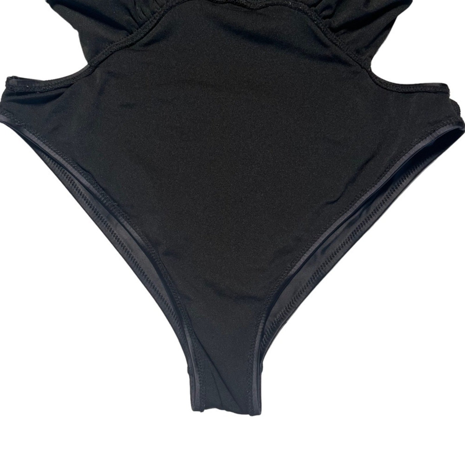 Womens Swimsuit One Piece Black Size Large Cutout Plunging Neck High Thigh