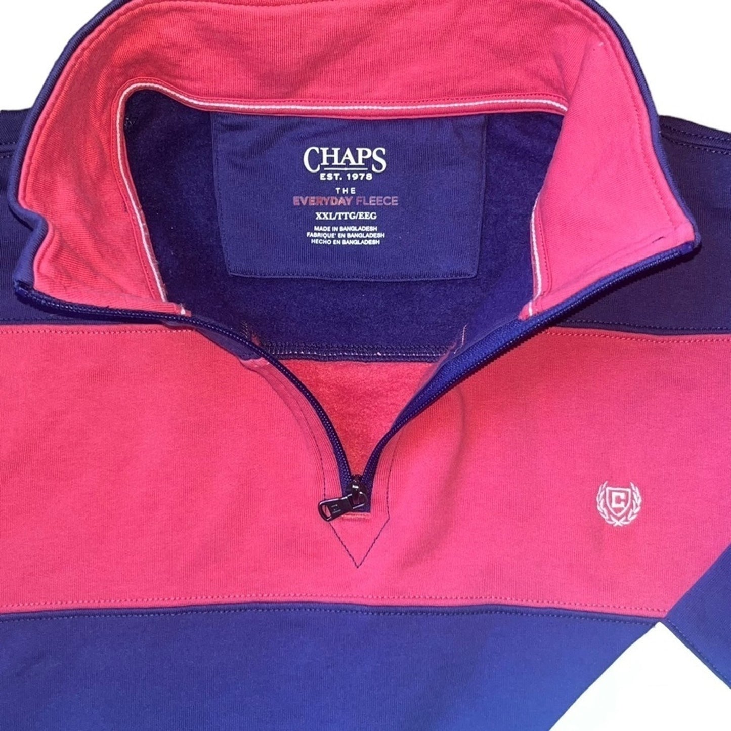 Chaps Pullover Fleece Mens Size XXL Pink Blue White Striped Comfy 1/4 Zip