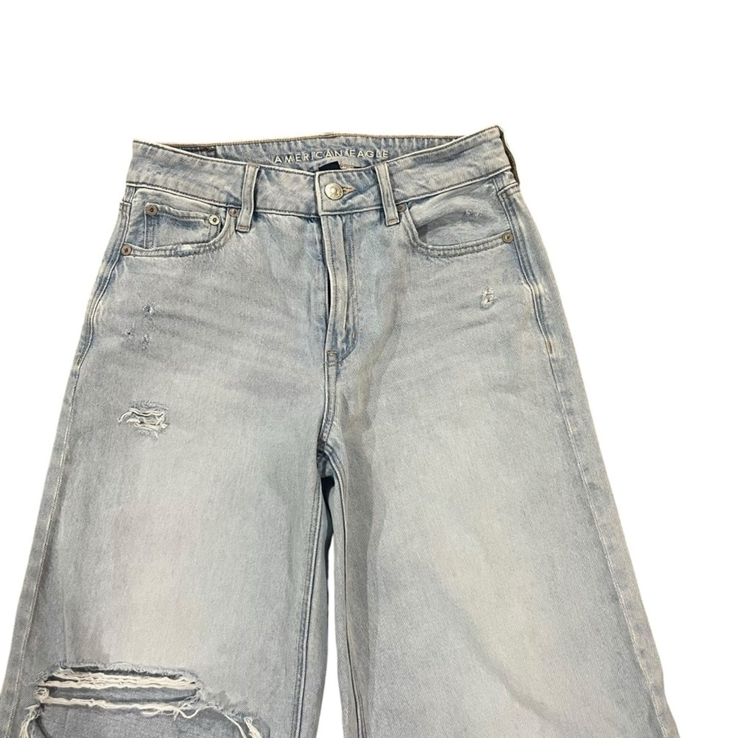 American Eagle Super High Rise Baggy Wide Leg Ankle Light Wash Distressed Sz 00