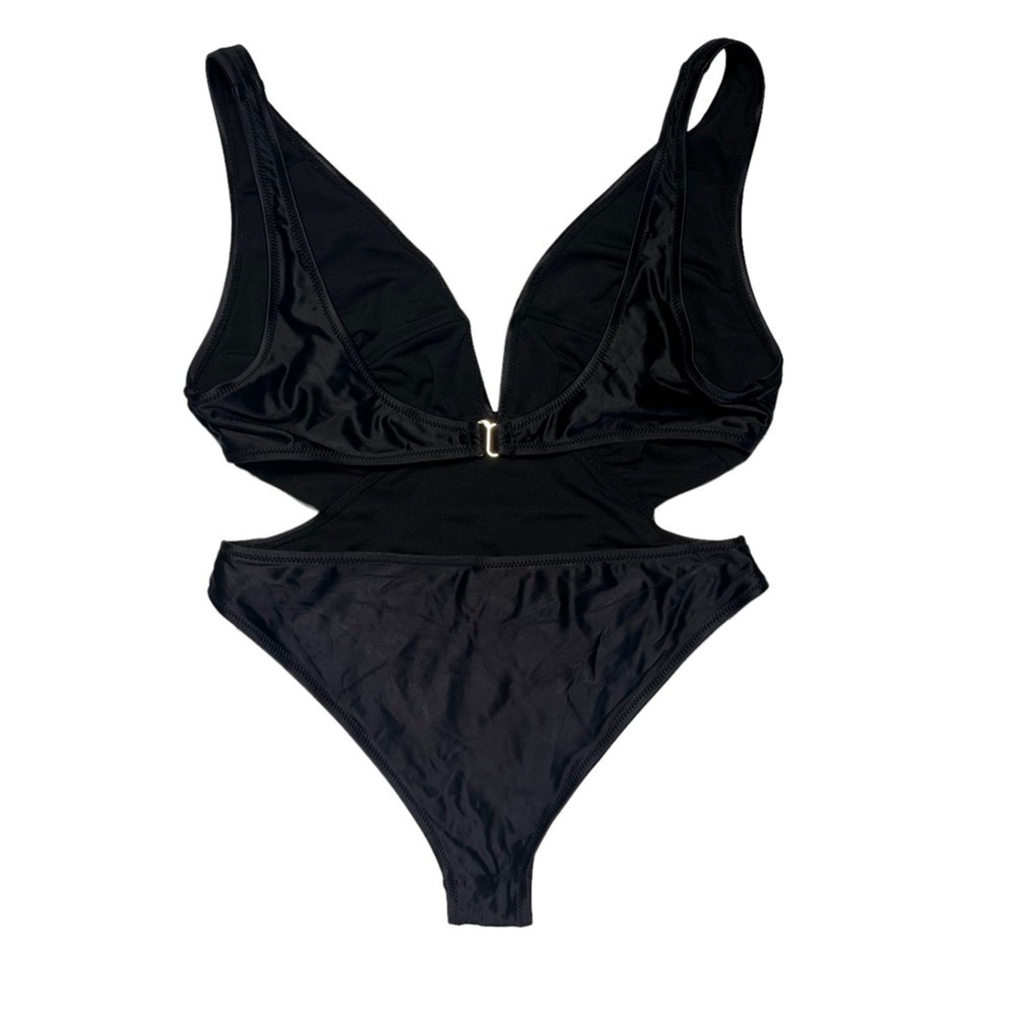 Womens Swimsuit One Piece Black Size Large Cutout Plunging Neck High Thigh